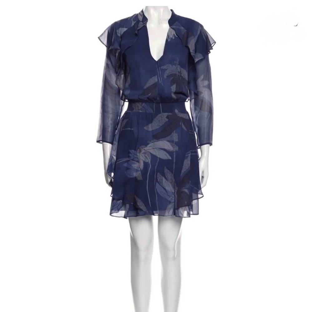 Halston Heritage Blue Floral V Neck Ruffle Silk Dress size 4